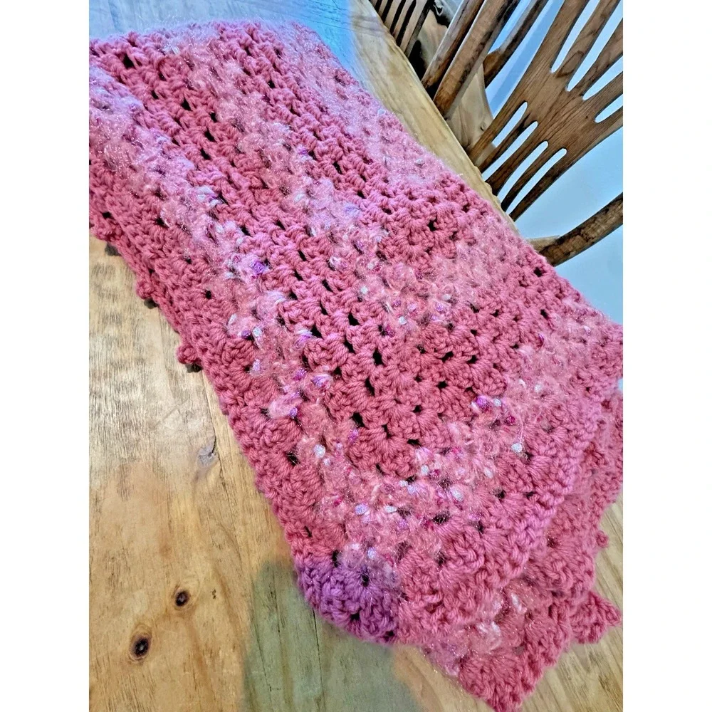 Vtg Crochet Wool Blend Pink Throw Blanket With Sparkle Accents Square 44